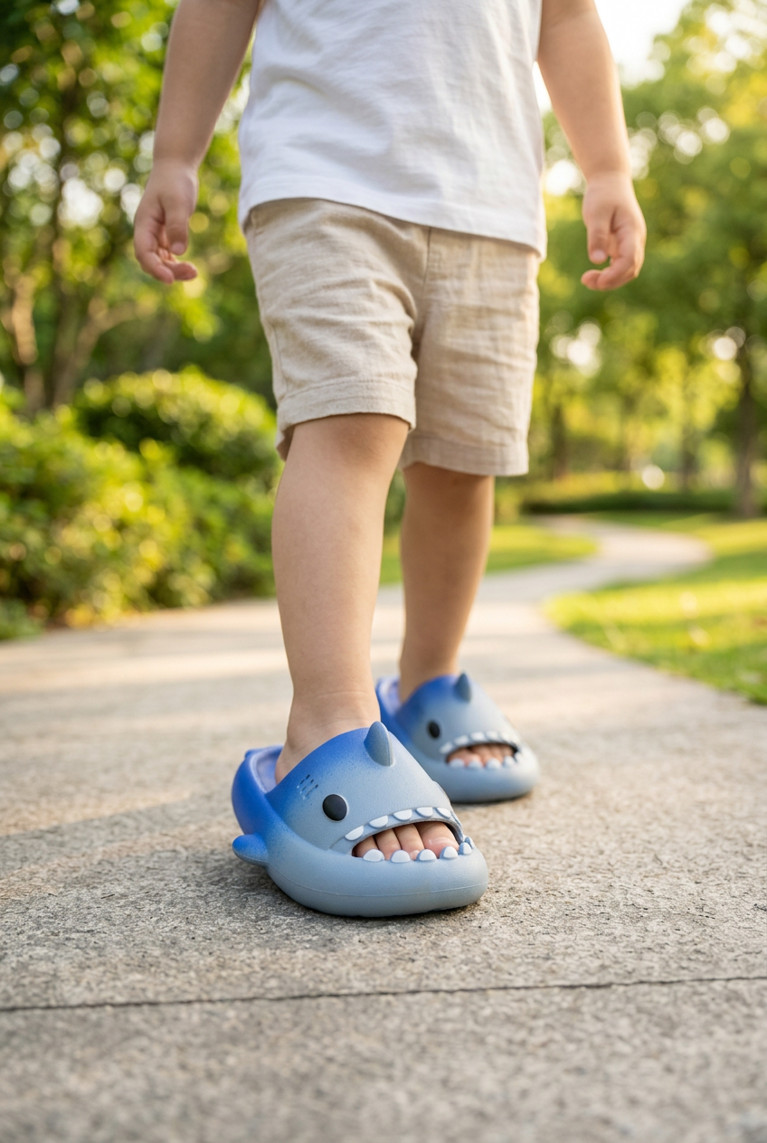 Niño paseando por el parque con las sandalias azules en primer plano